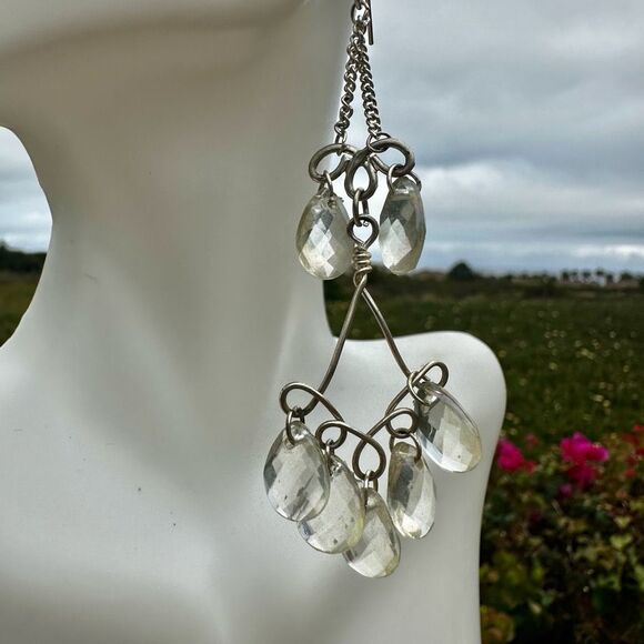 Silvertone clear beaded chandelier earrings - Picture 6 of 7